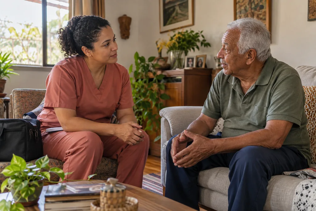 Cena ilustrativa de profissional de enfermagem conversando com uma pessoa idosa em casa.