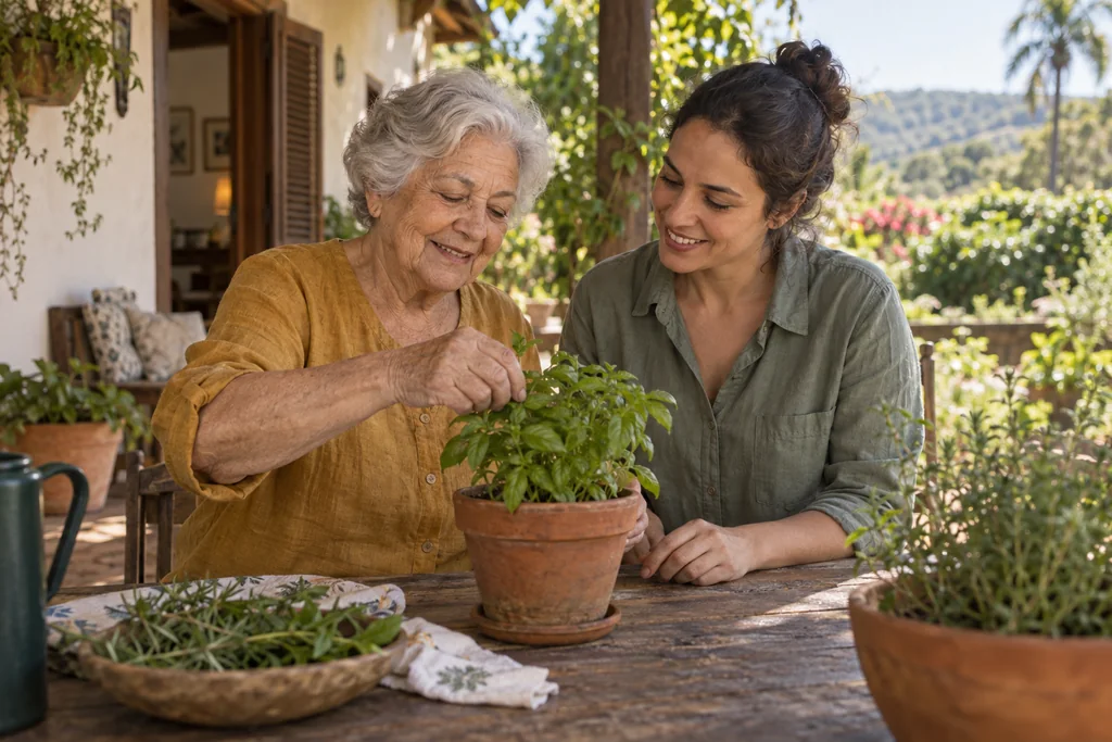 Cena ilustrativa de uma pessoa idosa e uma cuidadora cultivando ervas juntas.