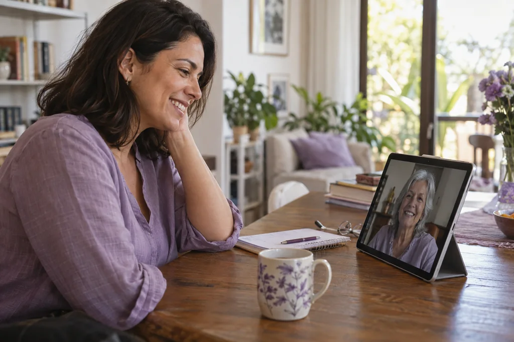 Cena ilustrativa de uma filha conversando por vídeo com sua mãe.